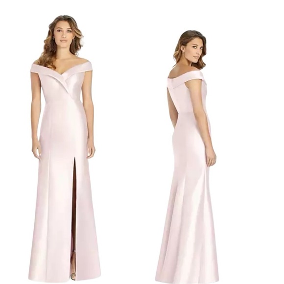 Alfred Sung D760 Off-The-Shoulder Satin Gown in Blush with Slit Size 0 NEW - Picture 1 of 14